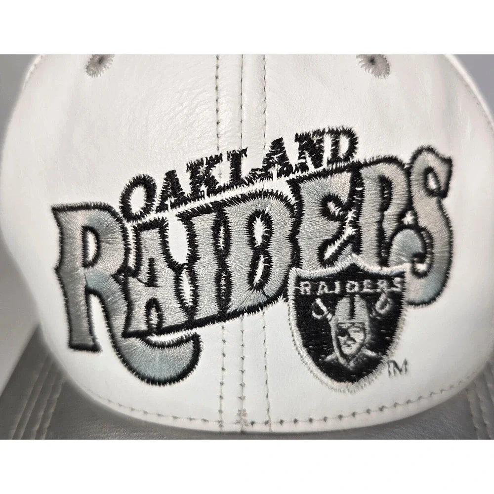 Vintage NFL Branded Oakland Raiders Leather Strapback Cap White, Silver, USA